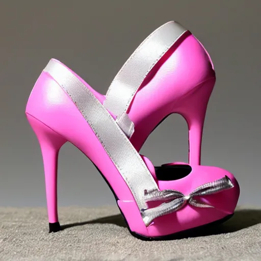 Image similar to pink leather 1 5 cm high heel shoes with 7 cm platform with ribbon to the ankle stripe, photorealistic, beautiful, architecture, clean, highly detailed, 8 k, ornate detail