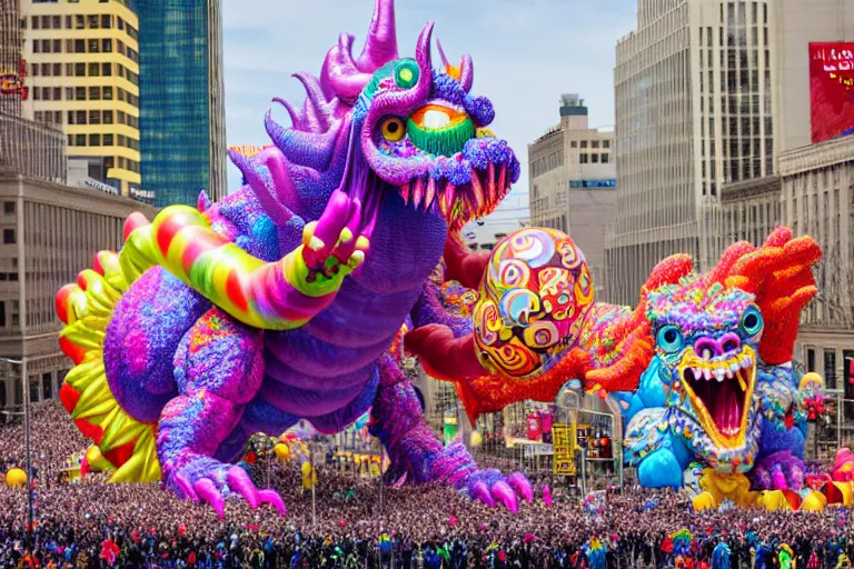 Prompt: photo of giant colorful beautiful elaborate parade float monster creature designed by lisa frank and geof darrow, in the macys parade, detailed 4 k photo, gigapixel, hyperdetailed