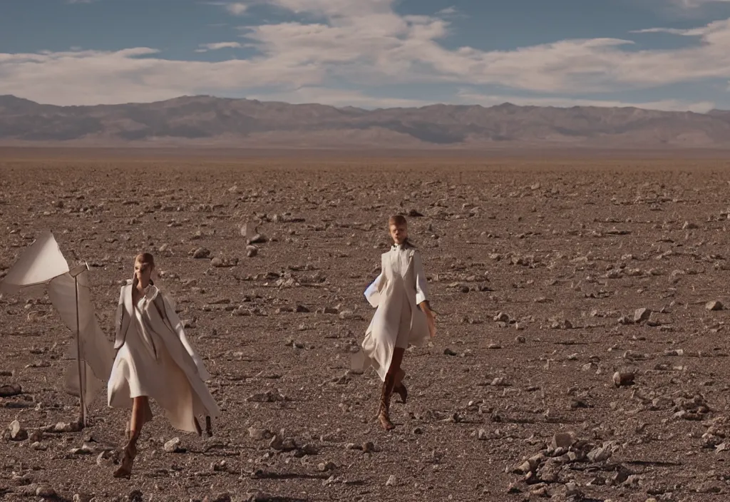 Prompt: fashion editorial in nuclear explosion. Nevada desert test site. wide angle shot. highly detailed. depth of field. high definition. 8k. photography.