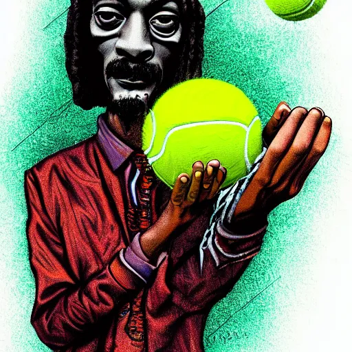 Image similar to snoop dogg tennis ball monster ,tennis ball, digital art,smoking, weed, smoke, fantasy,chalk, magic, trending on artstation, ultra detailed, professional illustration by Basil Gogos