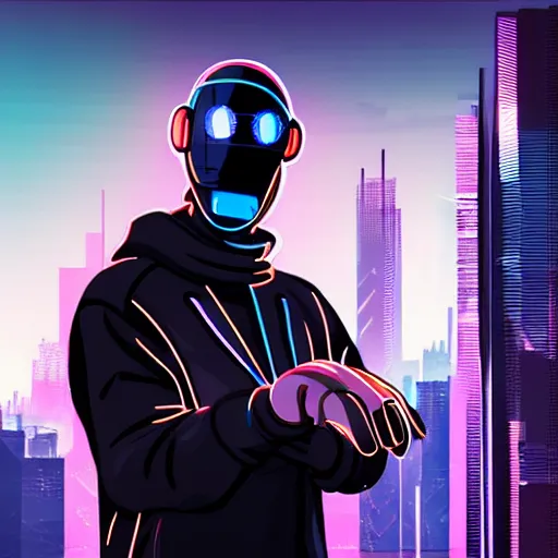 Prompt: gopnik with cyber hands on the background of cyberpunk city