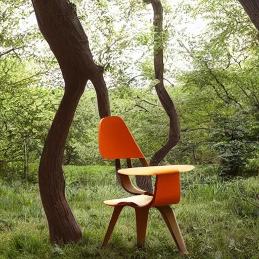 Prompt: a chair designed for sitting in the forest alone inspired by Dr seuss and Charles and Ray eames