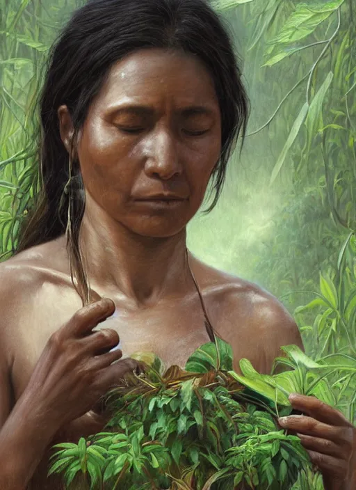 Image similar to a beautiful close up portrait of an indigenous woman preparing plant medicines in the jungle, highly detailed, art by christophe vacher