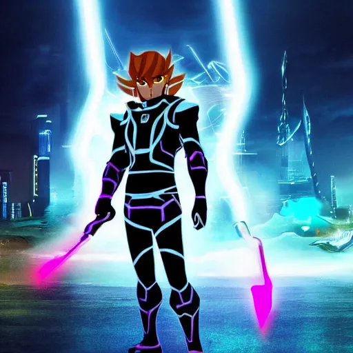 Image similar to Ganondorf in the style of Tron Legacy, wielding a large neon fantasy greatsword, tron legacy city in the background, dark black sky