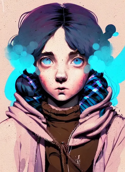 Image similar to highly detailed portrait of a sewer punk young woman, blue eyes, tartan hoody, ringlet hair by atey ghailan, by greg rutkowski, by greg tocchini, by james gilleard, by joe fenton, by kaethe butcher, gradient pink, brown, light blue and white color scheme, grunge aesthetic!!! ( ( graffiti tag wall background ) )