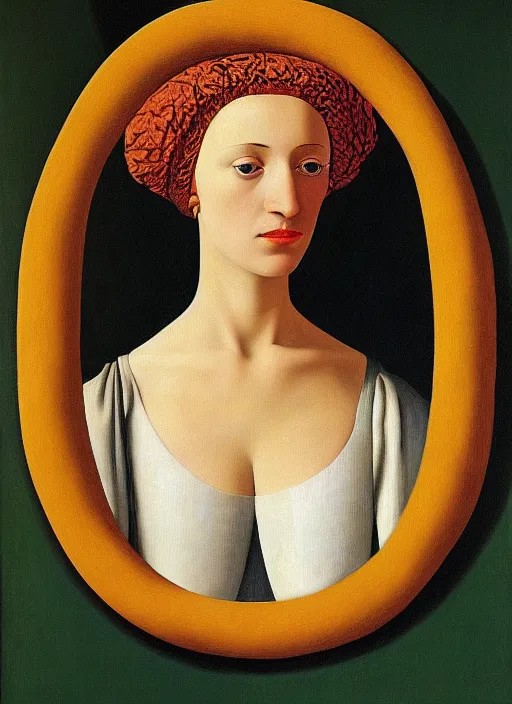 Image similar to portrait of young woman in renaissance dress and renaissance headdress, art by rene magritte