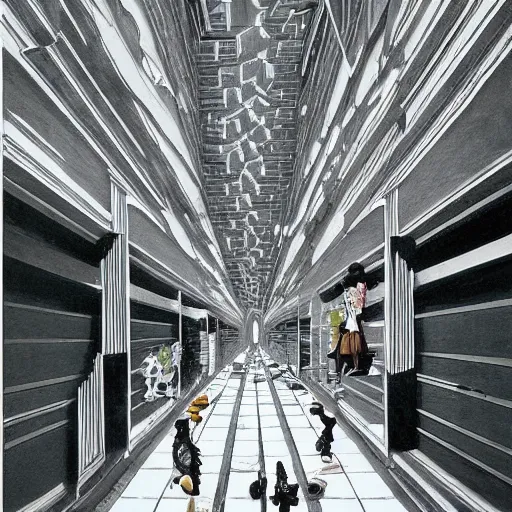 Image similar to a flood of slime in a bright white hallway with many doors and many stairs, Mc Escher architecture, epic composition, by Makoto Shinkai