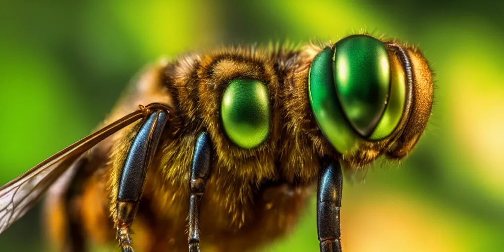 Prompt: Macro shot of a hornet, green, mutant, radioactive, national geographic, award winning, shallow depth of field