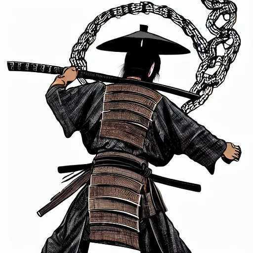 Image similar to A PORTRAIT FROM BEHIND OF A SAMURAI MAN VAGABOND WITH A MOON BEHIND HIM ,THE SAMURAI IS WRAPPED IN CHAINS ,detailed, concept art, ink style , sketch