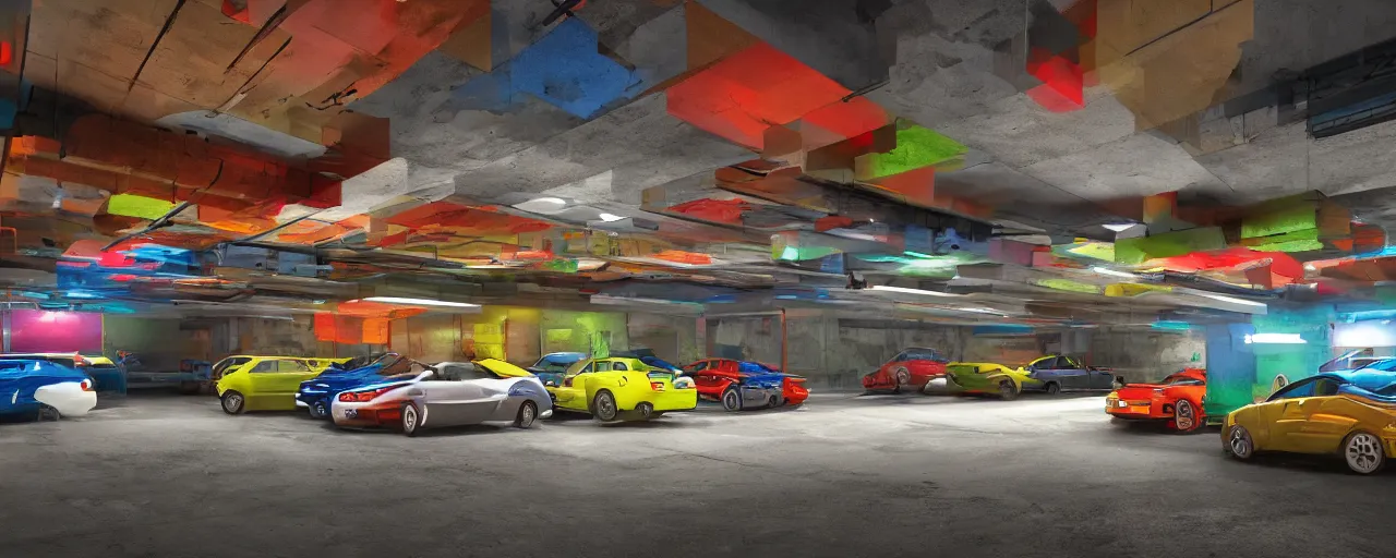 Image similar to highly detailed underground parking garage, colorful cars and trucks, fisheye, fluorescent ceiling lights, by Beeple and Syd Meade, concept are, octane render, 8k HDR, artstation