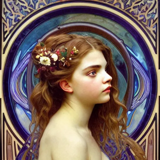 Prompt: detailed portrait art nouveau painting of the goddess of the moon, backlit, who resembles Anya Taylor Joy, Chloe Grace Moretz, and Emma Watson with anxious, piercing eyes, by Alphonse Mucha, Michael Whelan, William Adolphe Bouguereau, John Williams Waterhouse, and Donato Giancola