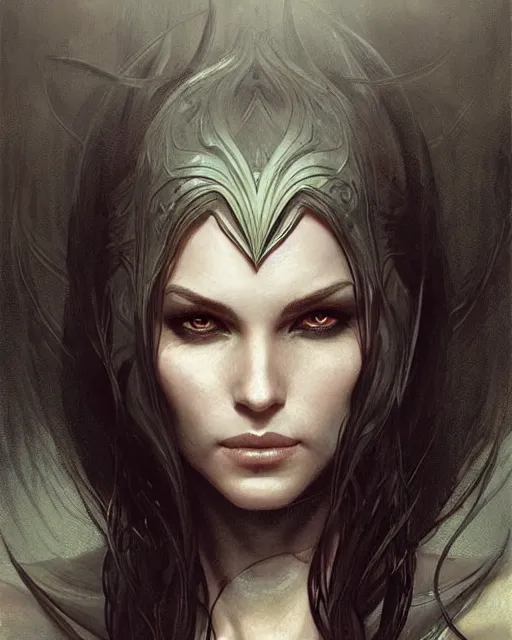 Image similar to portrait of an elven mage, dark, piercing eyes, gentle expression, elegant clothing, photorealistic, highly detailed, artstation, smooth, sharp focus, art by michael whelan, artgerm, greg rutkowski and alphonse mucha