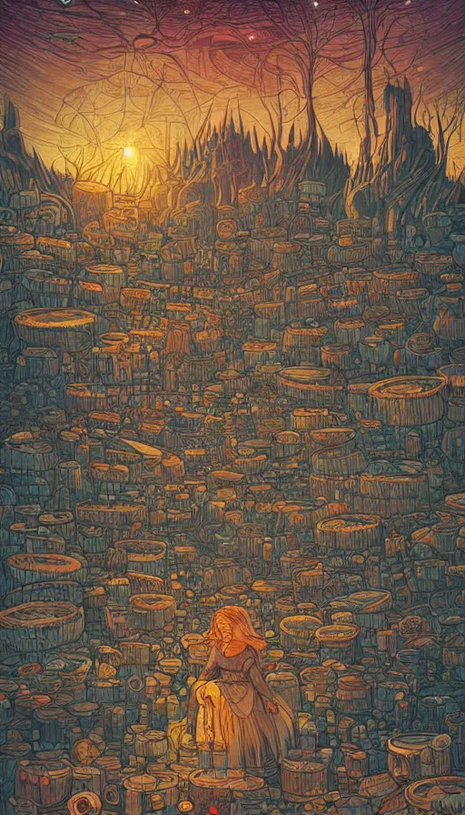 Prompt: The land of the dreaming surrounded by jars full of dreams, futurism, da vinci, Dan Mumford