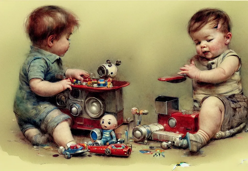 Prompt: toddler ( ( ( ( ( 1 9 5 0 retro future living room. muted colors. toys laying around ) ) ) ) ) by jean baptiste monge, chrome red