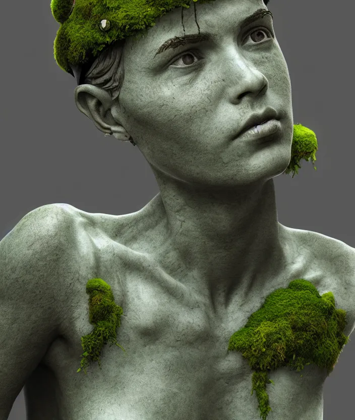 Prompt: stoic statue wearing a headband made of moss, cyberpunk, aesthetic, naturel, hyper detailed, digital sculpture, trending in artstation, cinematic lighting, studio quality, smooth render, unreal engine 5 rendered, octane rendered, art style by klimt and nixeu and ian sprigger and wlop and krenz cushart
