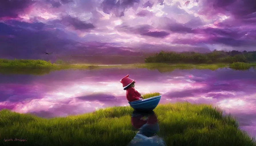 Image similar to a garden gnome sails across a pond in a bucket, dramatic pink clouds, blue sky, jessica rossier, art station