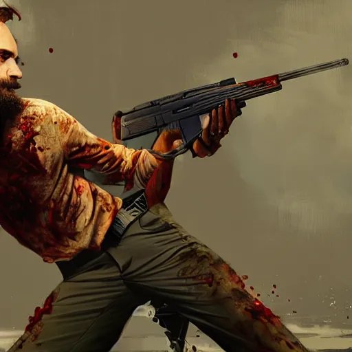 Prompt: Pewdiepie killing a zombie with a gun, dynamic lighting, oil painting, 8k, detailed, cinematic, futuristic