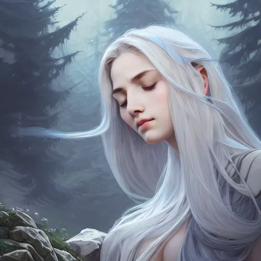 Image similar to wide angle, knight, sleeping on rock, white grey blue color palette, eyes closed, forest, female, d & d, fantasy, intricate, elegant, highly detailed, long silver hair, digital painting, artstation, octane render, concept art, matte, sharp focus, illustration, hearthstone, art by artgerm, alphonse mucha johannes voss