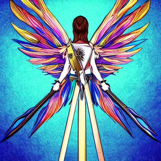 Prompt: medieval weapon, long spear with feathered wings on the tip, prismatic, multi colored feathers, anime style, white background, full body shot