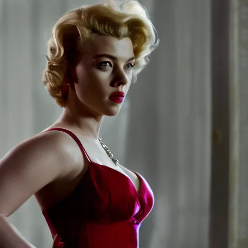 Image similar to stunning awe inspiring scarlett johansen as marilyn monroe, movie still 8 k hdr atmospheric lighting