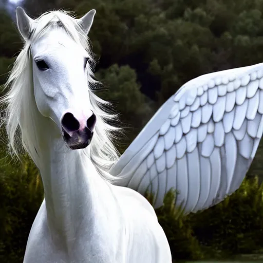 Prompt: beautiful white horse with large white angel wings