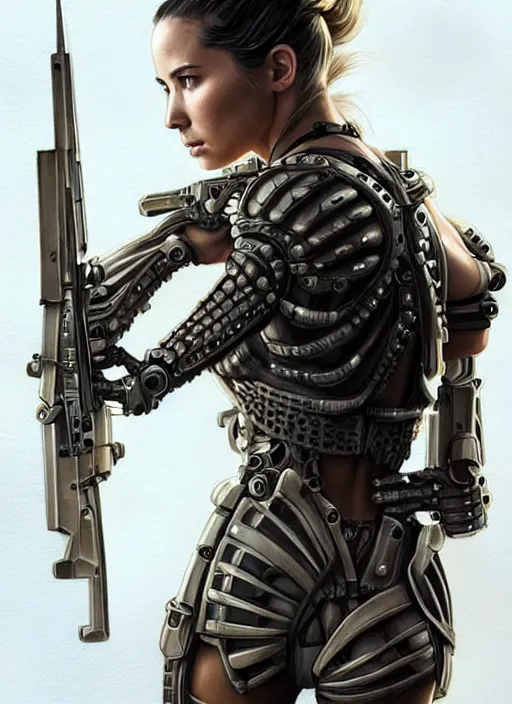 Image similar to portrait of a beautiful female soldier from the future wearing biomechanical armor, olivia munn, carrying a rifle, intricate, elegant, glowing lights in armor, highly detailed, digital painting, artstation, glamor pose, concept art, smooth, sharp focus, illustration, epic angle, art by artgerm and greg rutkowski, artey freytag, alvin schwartz