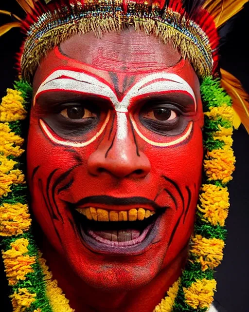 Prompt: photo of Dwayne Johnson as a Dramatic Theyyam male dancer with painted face wearing traditional theyyam costume in the style of stefan kostic, full body, feather native american headgear, realistic, sharp focus, symmetric, 8k high definition, insanely detailed, intricate, elegant, art by stanley lau and artgerm, Hajime Sorayama, William-Adolphe Bouguereau