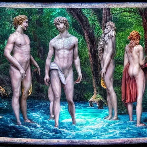 Prompt: greek gods, in forest, three eyed, wide wide shot, feet in water, colors, forehead eye, ground very detailed, wet eyes reflecting into eyes reflecting into infinity, beautiful lighting