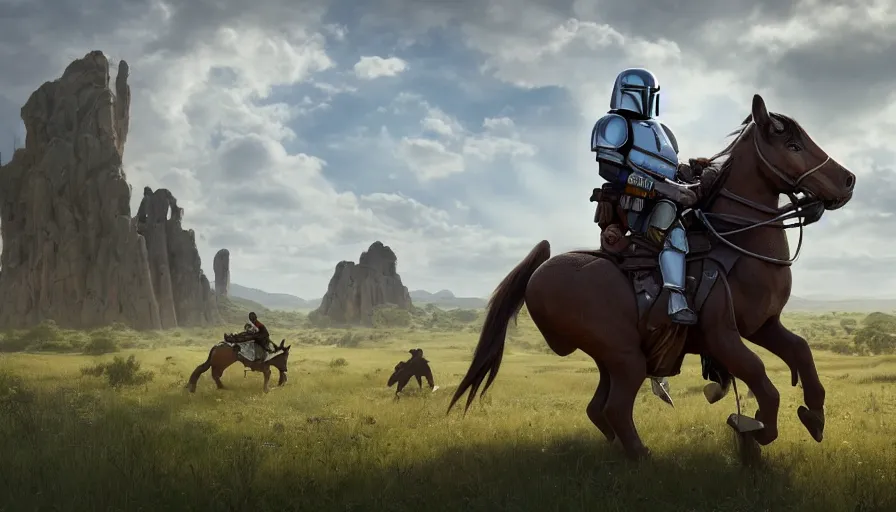 Image similar to mandalorian riding a horse alone, madagascar with baobabs trees in the background, action scene, an epic fantasy, artgerm and greg rutkowski and alphonse mucha, an epic fantasy, volumetric light, detailed, establishing shot, cinematic, photorealistic, hyper detailed, ultra realistic, trending on art station, octane render, midsommar