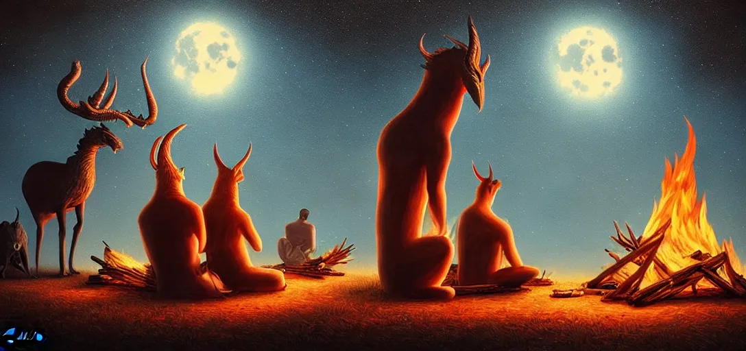 Image similar to strange mythical beasts of sitting around a fire under a full moon, surreal dark uncanny painting by ronny khalil