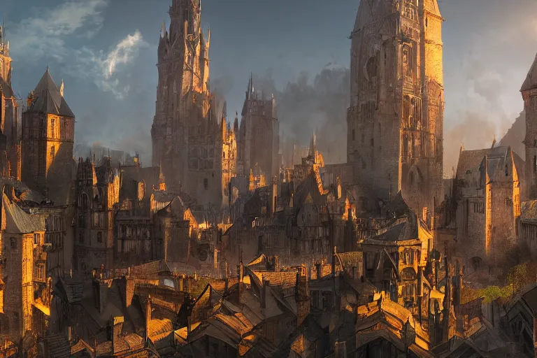 Image similar to A medieval city, fantasy, dynamic lighting, cinematic, concept art, trending on artstation, sharp focus, highly detailed, 8k, photo, still, midday, sunny, pov