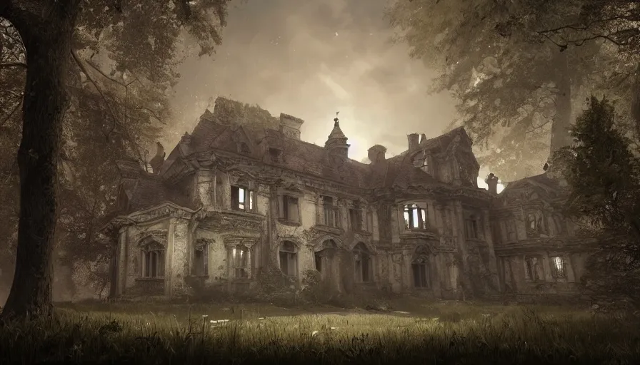 Prompt: abandoned manor in a dark wood, fps game view, hyperdetailed, artstation, cgsociety, 8 k