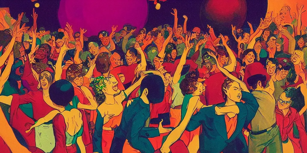 Image similar to a crowd of people dancing underneath a disco ball, risograph by ernie barnes, rex goreleigh, edward hopper, satoshi kon and moebius,, no text!, colorful flat surreal design, super - detailed, a lot of tiny details, fullshot