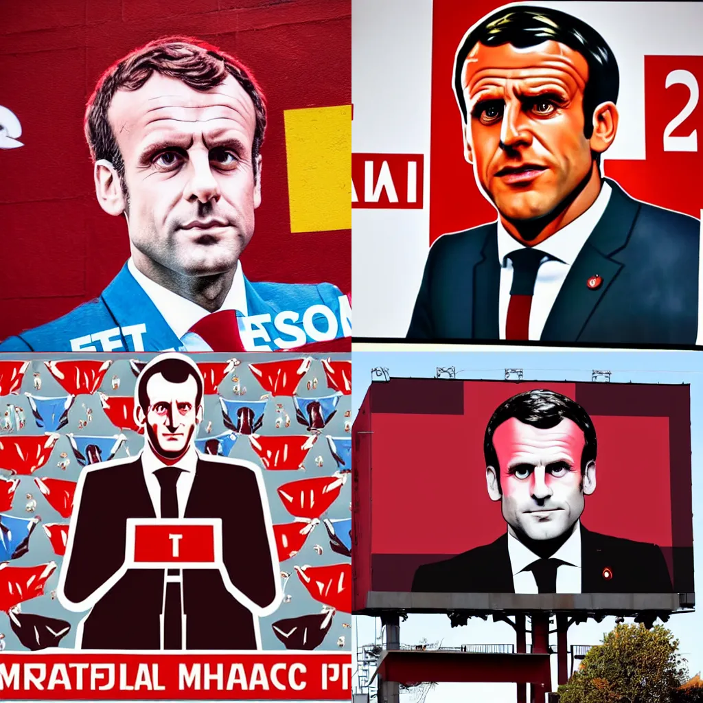 Prompt: close portrait of a very serious Emmanuel Macron in soviet propaganda style billboard, red and brown color scheme, more severe eyes