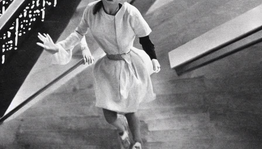 Prompt: 60s movie still of a white japanese female phantom running in infinite stairs, eastmancolor, heavy grain, high quality, higly detailed, liminal space