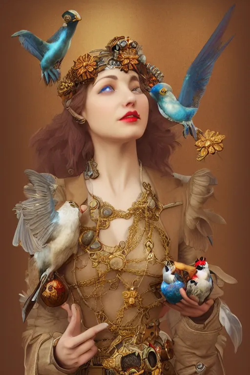 Image similar to zoom in 3 d render of english princess holding birds, ornaments, steampunk, mucha vibe, dieselpunk, solarpunk, artstation, andrei riabovitchev