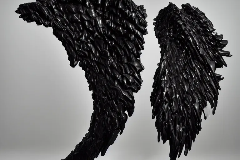 Prompt: ASYMMETRICAL irregular brutalist black-metal winged sculpture made of glossy black liquid latex and industrial hardware, sharp irregular spiraling wings, long sharp jagged edges, designed by nancy grossman, anish kapoor, herman nitsch, 8k, hyperrealistic, hyper-detailed, highly textured, gloss finish, dark volumetric lighting