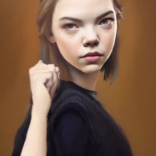 Image similar to ultra realistic painting of Anya Taylor-Joy, profile picture by Greg Rutkowski, Organic Painting, Matte Painting, hard edges, textured photoshop brushes, soft focus, 8k, perfect lighting high contrast, trending on artstation by Sachin Teng