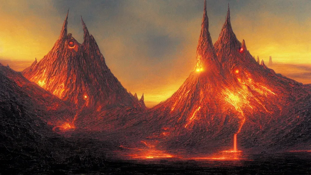 Image similar to mordor, flaming eye of sauron above the tower of barad - dur, by alan lee, intricate, lord of the rings calendar, smooth, detailed terrain, oil painting, trending artstation, concept art, fantasy matte painting