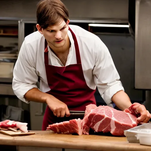 Image similar to ashton kutcher as a butcher wearing a bloody apron with a cleaver in his hand as he chops meat while working in a deli, realistic, hyperrealistic, ultra realistic, real, real world, highly detailed, very detailed, extremely detailed, intricate details, 8 k resolution, hd quality