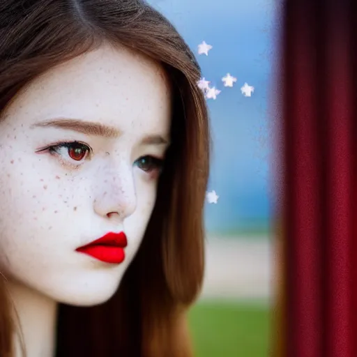 Image similar to close up half face portrait photograph of a live action anime princess with stars in her irises, deep red lipstick and freckles. Wavy long hair. she looks directly at the camera. Slightly open mouth, face covers half of the frame, with a building visible in the background. 135mm nikon. Intricate. Very detailed 8k. Sharp. Cinematic post-processing. Award winning portrait photography