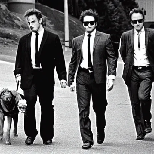 Image similar to reservoir dogs but the actors are dogs