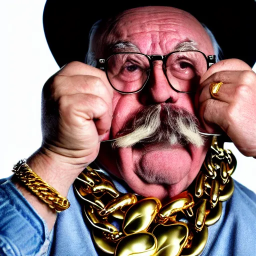 Image similar to dslr portrait photo still of!!! wilfred brimley!!! as a gangsta rapper with gold chains and gold teeth grills growling at camera!!! holding up his hand to show off his large ornate rings!!!, 8 k, 8 5 mm f 1. 8