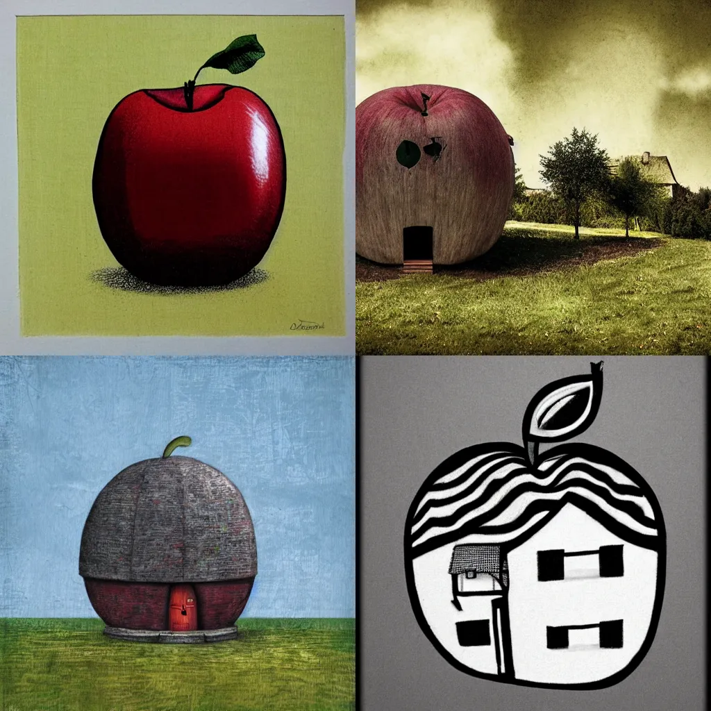 Prompt: house in a giant apple in the style of Tadeusz Dominik