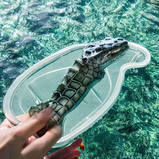 Prompt: a transparent, aluminum, alligator in the water with Skylar