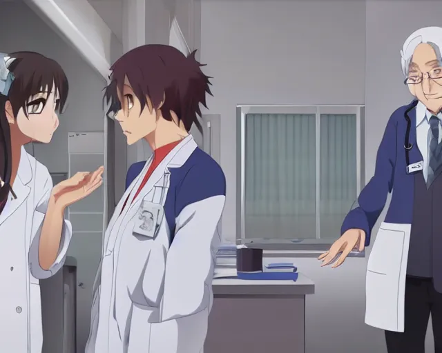 Image similar to a cute young female doctor wearing white coat are talking with an old surgeon in a hospital, slice of life anime, lighting, anime scenery by Makoto shinkai