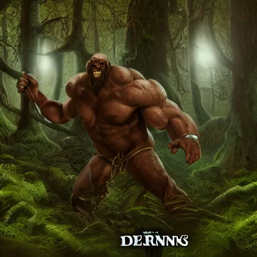 Image similar to two heads giant ettin from dnd in a dark forest, two heads, double heads, digital art, high quality render, artstation, 8 k, photograph quality, ultrahd