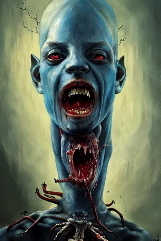 Image similar to hieronymus bosch, greg rutkowski, anna podedworna, painting of a blue skinned elf with spider arms and legs, bloody, screaming, high detail, extreme close up, insane face