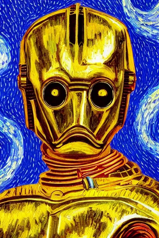 Image similar to bright beautiful oil painting portrait of c 3 po dressed like a 1 9 th century dandy, light scatter, van gogh