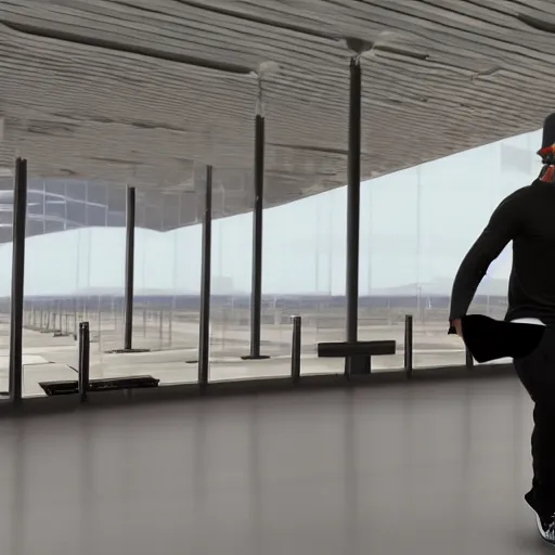 Prompt: a guy dancing in VR in an airport tower